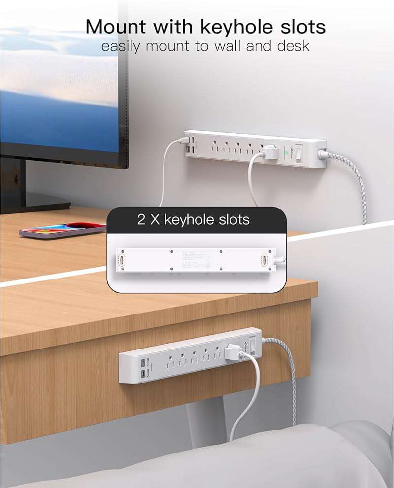2 Pack Power Strip, 12FT Long Extension Cord, Surge Protector with 6 Outlets and 4 USB Ports (2 USB C), Flat Plug Overload Protection, Extension Cord 10+ ft, Wall Mount for Home Office Dorm College - Image 6