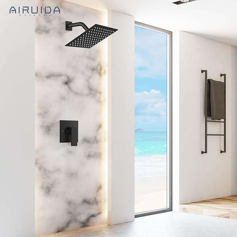 Airuida Shower Faucet Set Bathroom Rain Shower System SUS304 Stainless Steel Single Handle With Male Threads Rough-in Valve Shower Trim Kit 8 Inch Wall Mount Shower Head Matte Black - Image 2