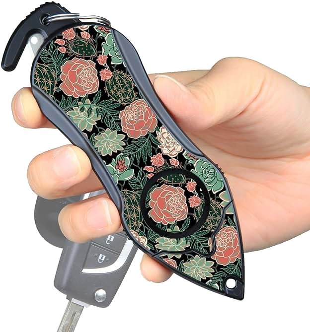 Stinger Personal Alarm Keychain Emergency Tool, Safety Panic Alarm Siren, Seat Belt Cutter, Glass Breaker, Security Device for Women Men Kid, Design in USA (Green Flower) - Product Image