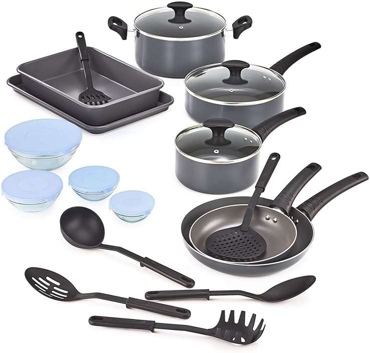 bella Cookware Set with Glass Lids with Nonstick, PFOA Free and Scratch Resistant Surface, Aluminum Bakeware, Pots and Pans, Storage Bowls & Utensils, Compatible with All Stovetops, 21 Piece, Gray - Image 1