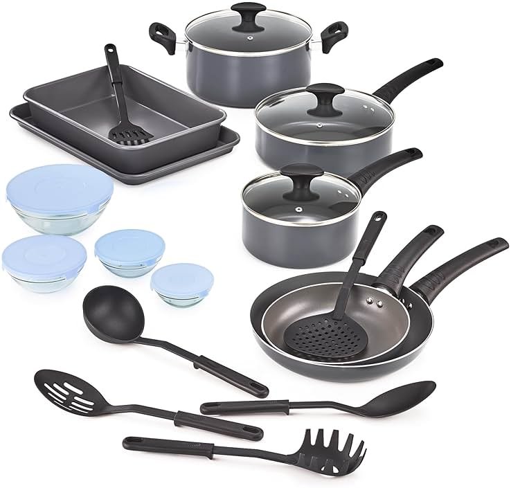 bella Cookware Set with Glass Lids with Nonstick, PFOA Free and Scratch Resistant Surface, Aluminum Bakeware, Pots and Pans, Storage Bowls & Utensils, Compatible with All Stovetops, 21 Piece, Gray - Product Image