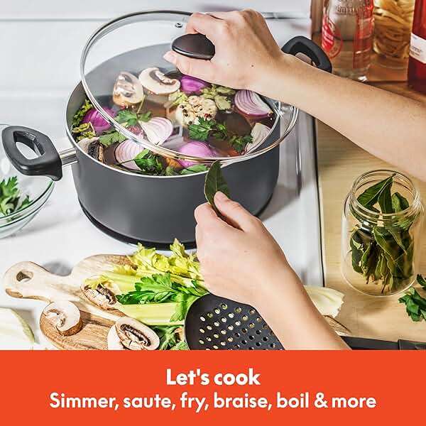 bella Cookware Set with Glass Lids with Nonstick, PFOA Free and Scratch Resistant Surface, Aluminum Bakeware, Pots and Pans, Storage Bowls & Utensils, Compatible with All Stovetops, 21 Piece, Gray - Image 2
