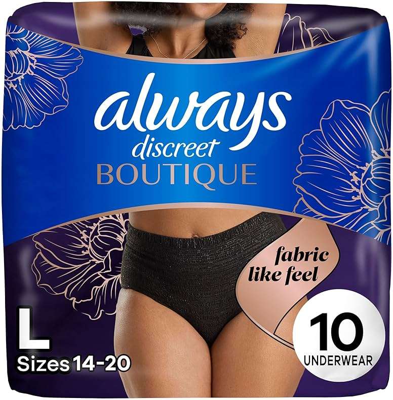 Always Discreet Boutique Incontinence and Postpartum Underwear for Women, Maximum Protection, Large, Black, 10 Count - Image 1
