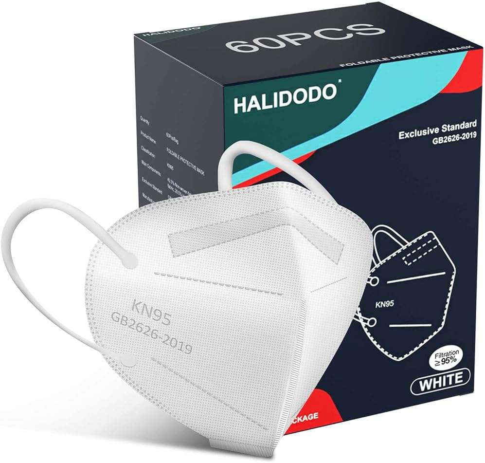 HALIDODO 60 Packs KN95 Face Mask, 5-Ply Comfortable Filter Safety Mask, Protective Face Cover Mask (White) - Image 1