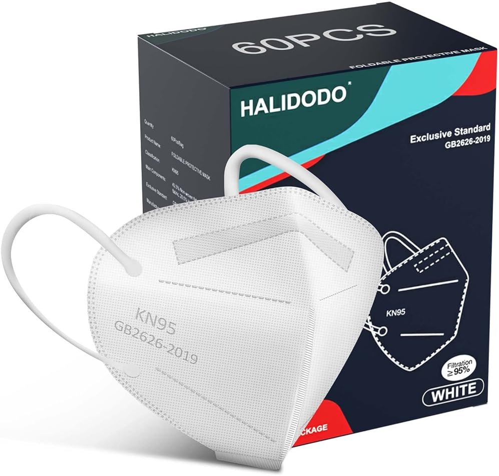 HALIDODO 60 Packs KN95 Face Mask, 5-Ply Comfortable Filter Safety Mask, Protective Face Cover Mask (White) - Product Image