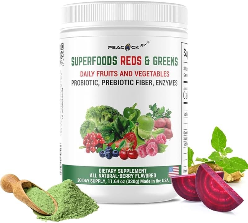Superfood Reds & Greens Powder - 11.64 oz, Prebiotics & Probiotics for Digestive Health, Super Greens Powder with Ashwagandha for Gut Health, Immunity, Antioxidants, Strawberry Flavor, Vegan, Non-GMO - Product Image