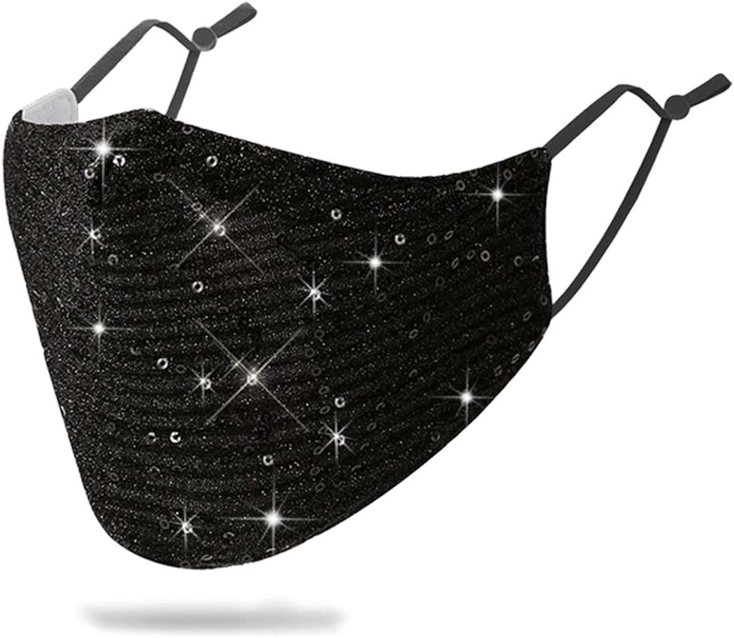 MLGDA Sparkly Sequins Mouth Masc Fashion Designer Glitter Cotton Face Cover With Adjustable Ear Loops Reusable Masquerade Party Nightclub Rave Festival Sequins Face Covering (Black) - Image 1