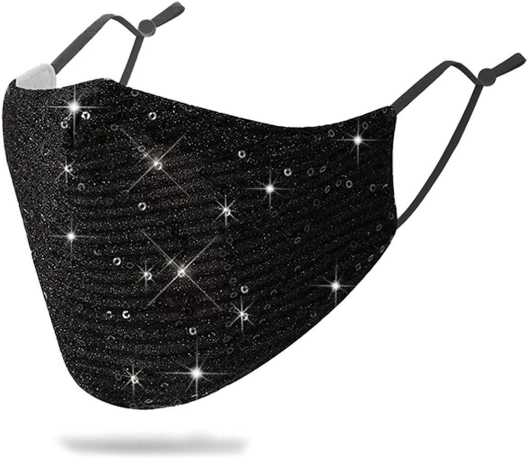 MLGDA Sparkly Sequins Mouth Masc Fashion Designer Glitter Cotton Face Cover With Adjustable Ear Loops Reusable Masquerade Party Nightclub Rave Festival Sequins Face Covering (Black) - Product Image