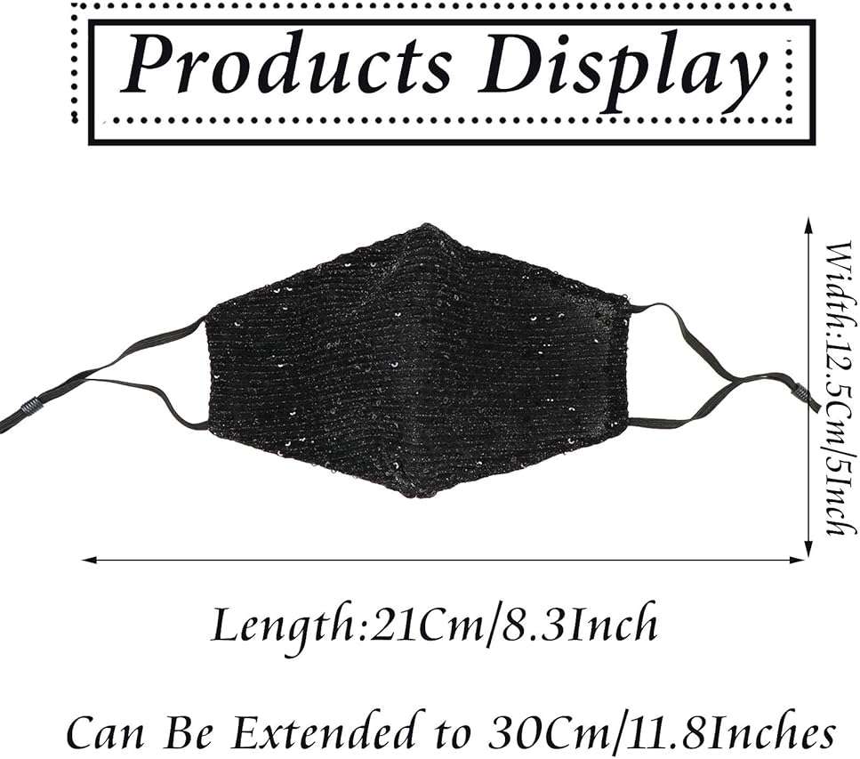 MLGDA Sparkly Sequins Mouth Masc Fashion Designer Glitter Cotton Face Cover With Adjustable Ear Loops Reusable Masquerade Party Nightclub Rave Festival Sequins Face Covering (Black) - Image 2