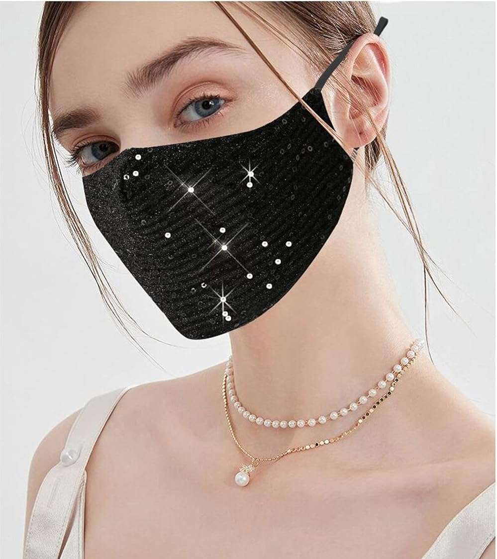 MLGDA Sparkly Sequins Mouth Masc Fashion Designer Glitter Cotton Face Cover With Adjustable Ear Loops Reusable Masquerade Party Nightclub Rave Festival Sequins Face Covering (Black) - Image 3