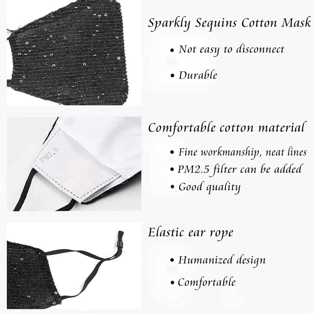 MLGDA Sparkly Sequins Mouth Masc Fashion Designer Glitter Cotton Face Cover With Adjustable Ear Loops Reusable Masquerade Party Nightclub Rave Festival Sequins Face Covering (Black) - Image 4