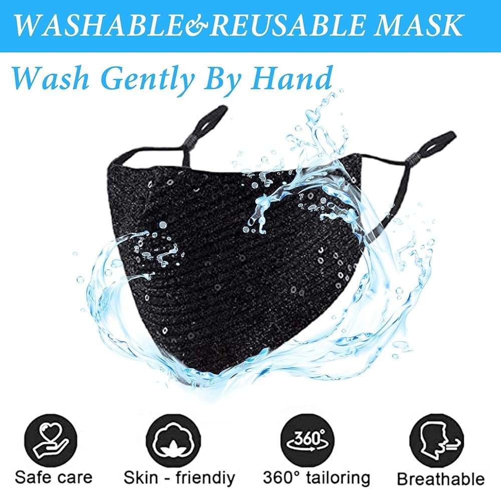 MLGDA Sparkly Sequins Mouth Masc Fashion Designer Glitter Cotton Face Cover With Adjustable Ear Loops Reusable Masquerade Party Nightclub Rave Festival Sequins Face Covering (Black) - Image 5