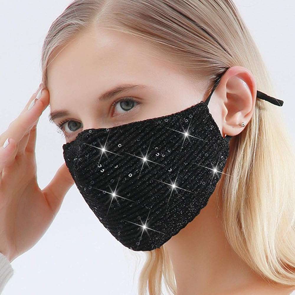 MLGDA Sparkly Sequins Mouth Masc Fashion Designer Glitter Cotton Face Cover With Adjustable Ear Loops Reusable Masquerade Party Nightclub Rave Festival Sequins Face Covering (Black) - Image 6