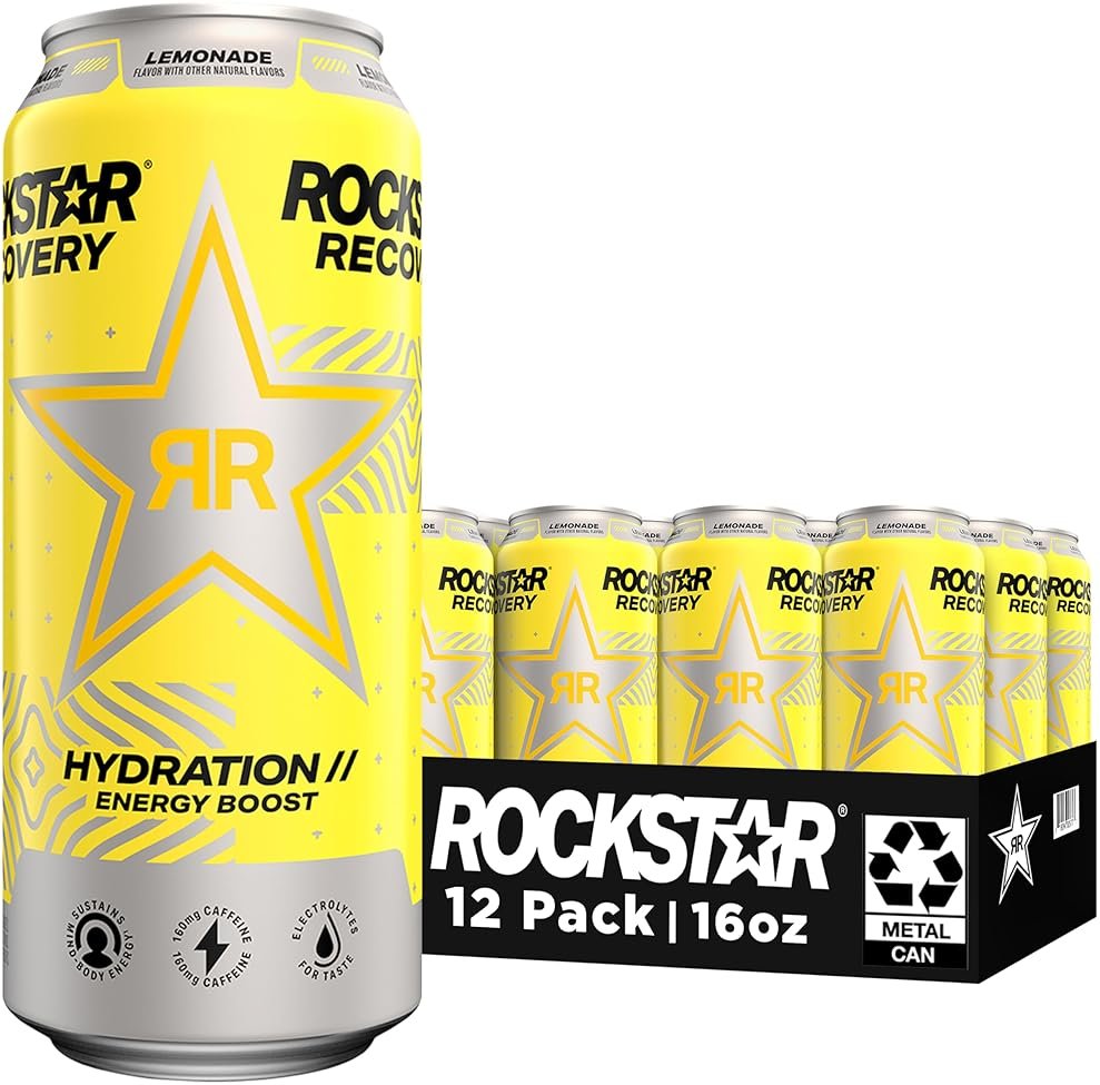 Rockstar Energy Drink with Caffeine Taurine and Electrolytes, Recovery Lemonade, 16oz (12 Pack) (Packaging May Vary) - Product Image
