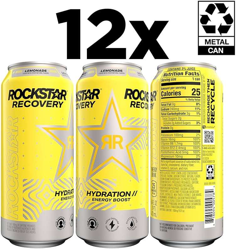Rockstar Energy Drink with Caffeine Taurine and Electrolytes, Recovery Lemonade, 16oz (12 Pack) (Packaging May Vary) - Image 3