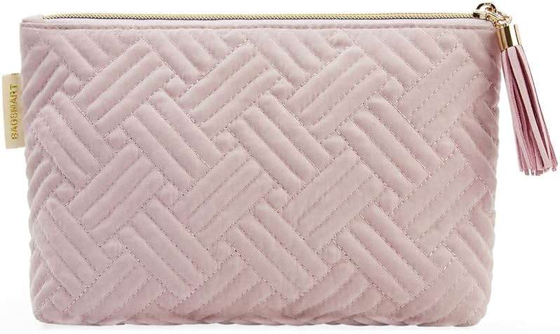 BAGSMART Small Makeup Bag, Elegant Cosmetic Pouch with Tassel, Soft Water-Resistant Travel Organizer for Women, Cosmetics & Everyday Essentials, Pink - Image 1