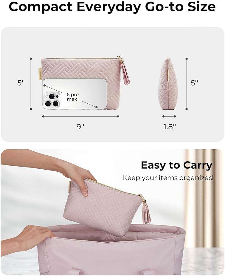 BAGSMART Small Makeup Bag, Elegant Cosmetic Pouch with Tassel, Soft Water-Resistant Travel Organizer for Women, Cosmetics & Everyday Essentials, Pink - Image 3