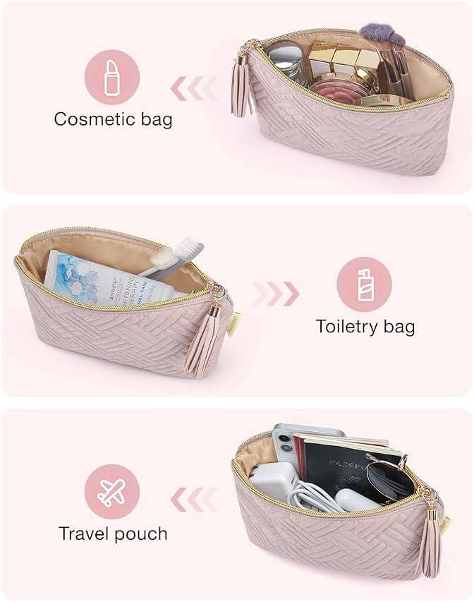 BAGSMART Small Makeup Bag, Elegant Cosmetic Pouch with Tassel, Soft Water-Resistant Travel Organizer for Women, Cosmetics & Everyday Essentials, Pink - Image 5