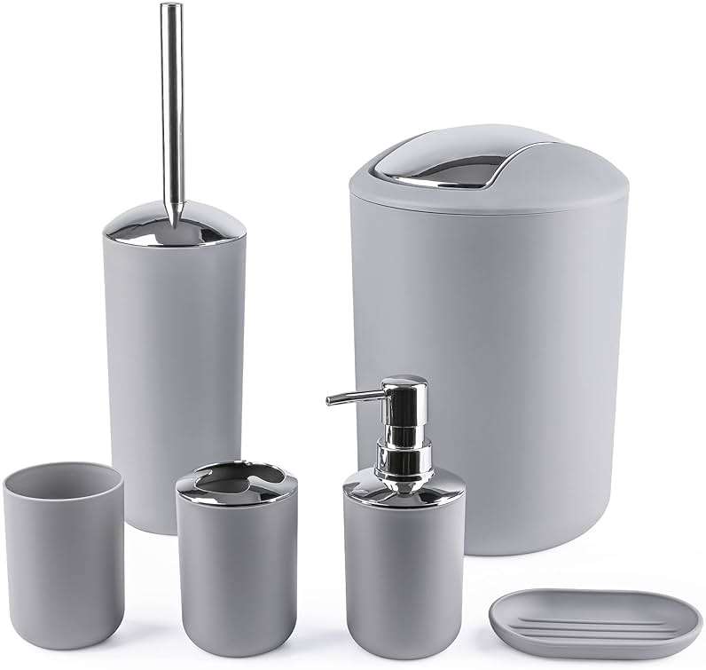 Papillon Bathroom Accessories - 6 Piece Plastic Gift Toothbrush Holder,Toothbrush Cup,Soap Dispenser & Dish,Toilet Brush Holder,Trash Can,Tumbler Straw Set (Gray) - Image 1