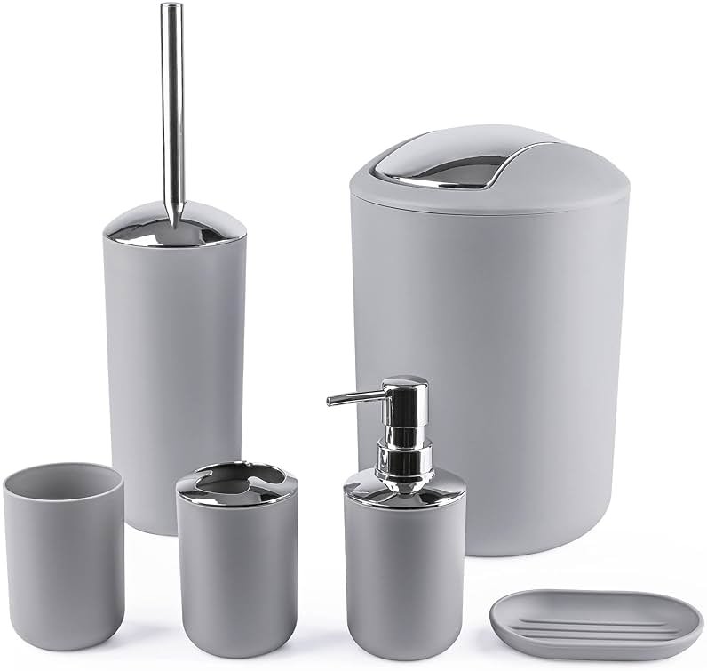Papillon Bathroom Accessories - 6 Piece Plastic Gift Toothbrush Holder,Toothbrush Cup,Soap Dispenser & Dish,Toilet Brush Holder,Trash Can,Tumbler Straw Set (Gray) - Product Image