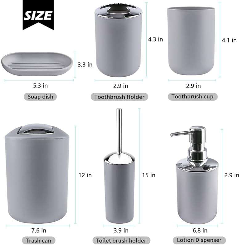 Papillon Bathroom Accessories - 6 Piece Plastic Gift Toothbrush Holder,Toothbrush Cup,Soap Dispenser & Dish,Toilet Brush Holder,Trash Can,Tumbler Straw Set (Gray) - Image 2