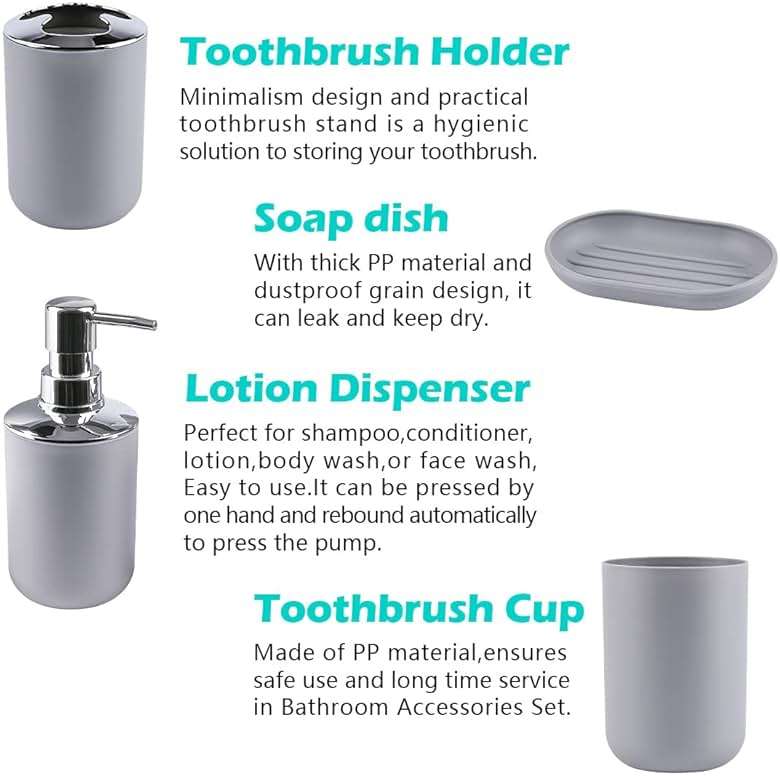 Papillon Bathroom Accessories - 6 Piece Plastic Gift Toothbrush Holder,Toothbrush Cup,Soap Dispenser & Dish,Toilet Brush Holder,Trash Can,Tumbler Straw Set (Gray) - Image 3