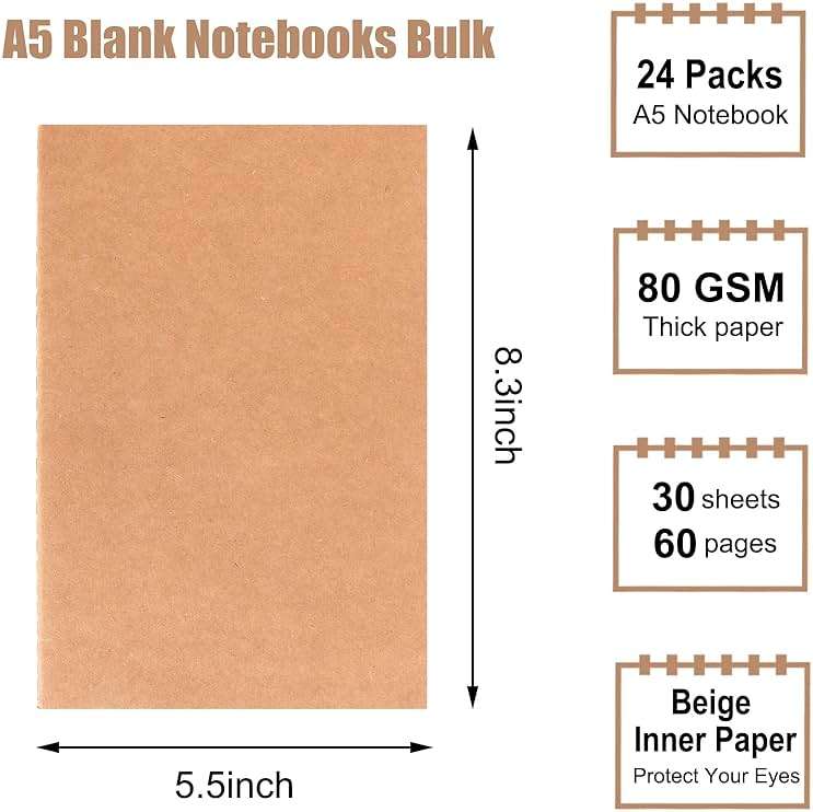 EOOUT 24 Pack Blank Kraft Notebooks, A5 Journals Notebook Bulk, Unlined Paper Sketchbooks, 8.3x5.5in 60 Pages Travel Journal Set for Journaling, Student, Kids, Writing - Image 2