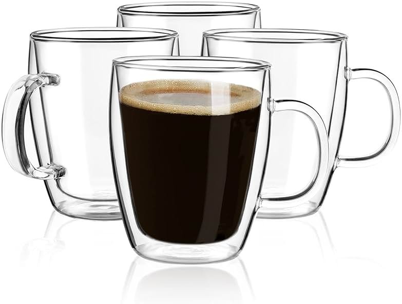 YUNCANG Double Wall Coffee Mugs, (4-Pcak) 16 Ounces-Clear Glass Cups with Handle,lnsulated,Cappuccino,Tea,Latte Cups,Beverage Glasses Heat Resistant - Product Image