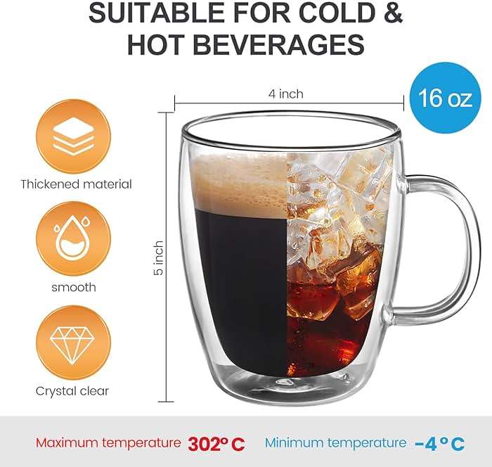 YUNCANG Double Wall Coffee Mugs, (4-Pcak) 16 Ounces-Clear Glass Cups with Handle,lnsulated,Cappuccino,Tea,Latte Cups,Beverage Glasses Heat Resistant - Image 3