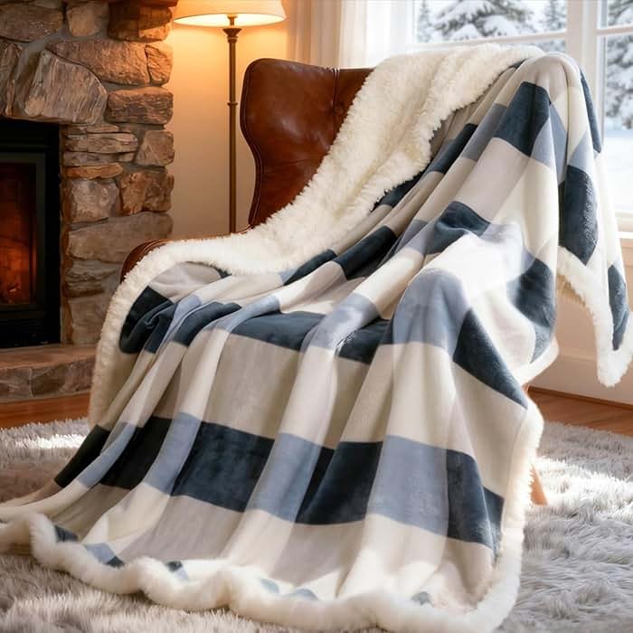 PU MEI Sherpa Fleece Throw Blanket 60" x 80" Reversible Plush Fluffy Large Big Blanket Lattice Flannel Blankets for Sofa Couch Bed (Grey-Soft Blue, 60"*80") - Product Image
