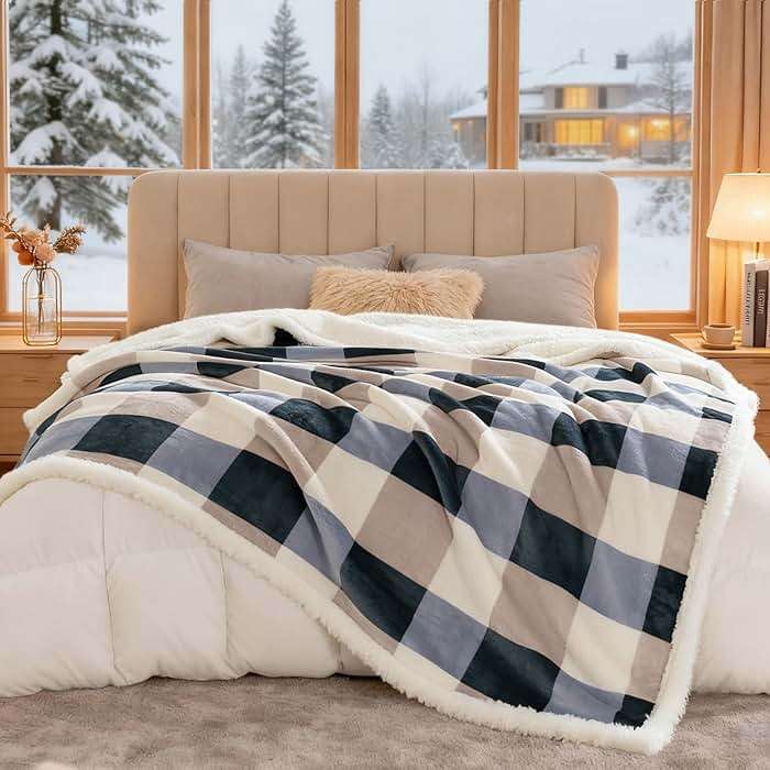 PU MEI Sherpa Fleece Throw Blanket 60" x 80" Reversible Plush Fluffy Large Big Blanket Lattice Flannel Blankets for Sofa Couch Bed (Grey-Soft Blue, 60"*80") - Image 2