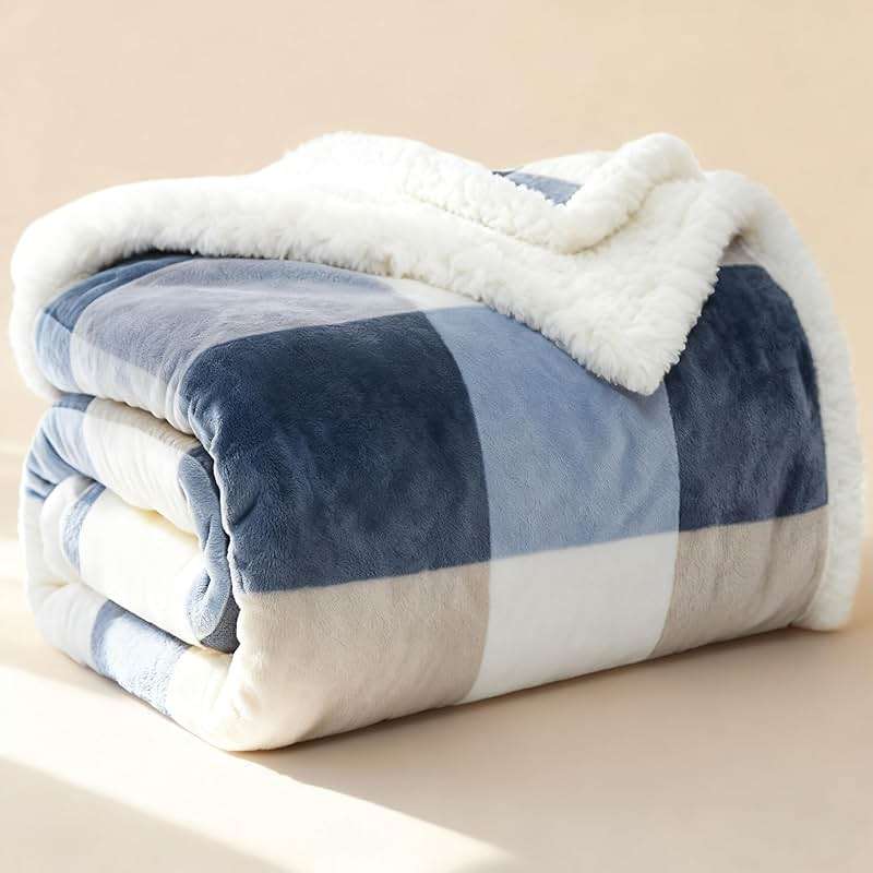 PU MEI Sherpa Fleece Throw Blanket 60" x 80" Reversible Plush Fluffy Large Big Blanket Lattice Flannel Blankets for Sofa Couch Bed (Grey-Soft Blue, 60"*80") - Image 3