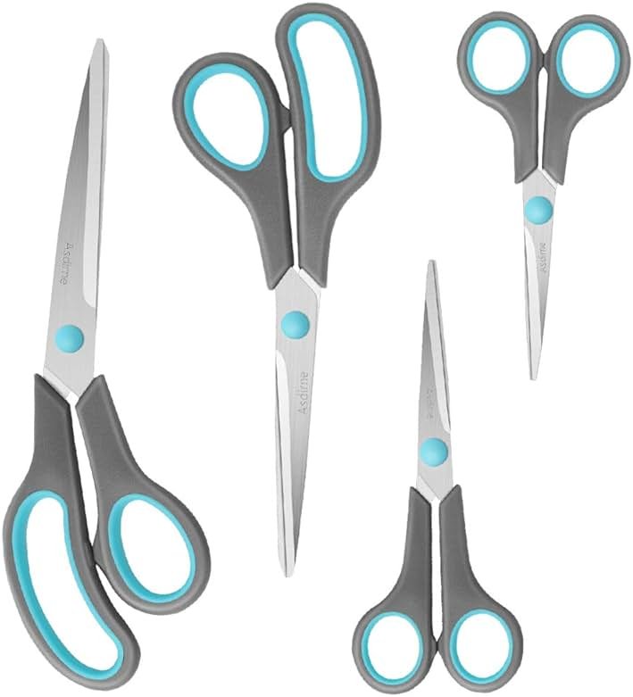 Asdirne Scissors Set of 4, Premium Stainless Steel Razor Blades, Ergonomic Semi-Soft Rubber Grip, Suitable for School, Office and Family Daily Use, 9.6''/8.5''/6.4"/5.4", Blue&Gray - Product Image