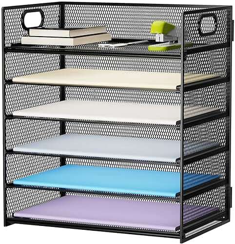 Marbrasse 6 Tier Paper Organizer Letter Tray - Mesh Desk File Organizer with Handle, Paper Sorter Organizer for Letter/A4 Office File Folder Holder - Black - Image 1