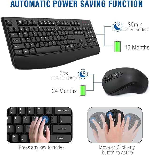 Wireless Keyboard and Mouse Combo, EDJO 2.4G Full-Sized Ergonomic Computer Keyboard with Wrist Rest and 3 Level DPI Adjustable Wireless Mouse for Windows, Mac OS Desktop/Laptop/PC - Image 2