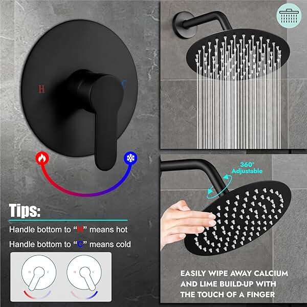 Heyalan Shower Faucet Set with Valve, Bathroom Shower System, Wall Mount Single Handle Shower Trim Kit, Fixed Rainfall Shower Head, 8-Inch Round Shower Head, Matte Black - Image 5
