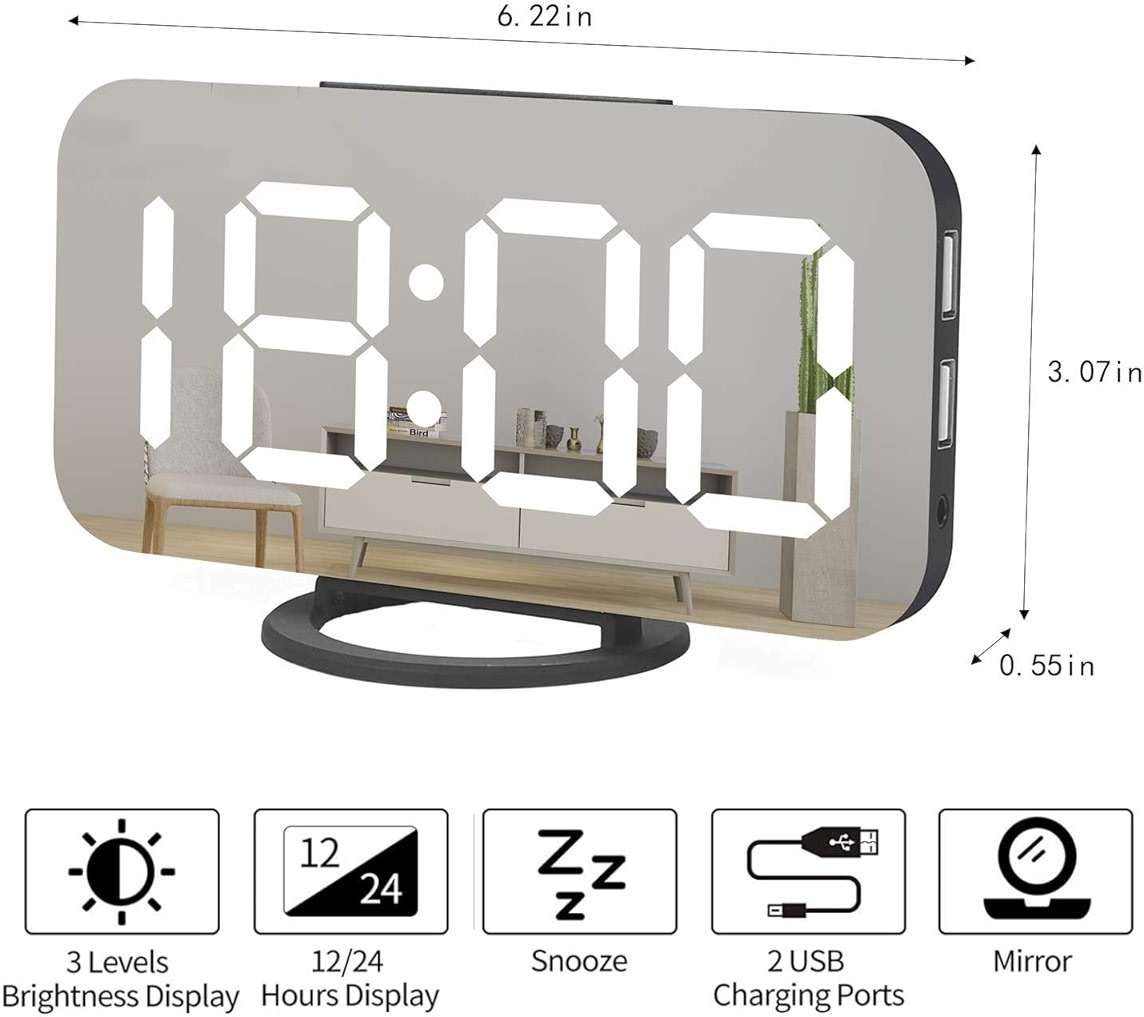 Miowachi Digital Alarm Clock,Large Mirrored LED Clock,Snooze,Dim Night Light 2 USB Charger Ports Desk Alarm Clocks for Bedroom Decor (Black) - Image 2