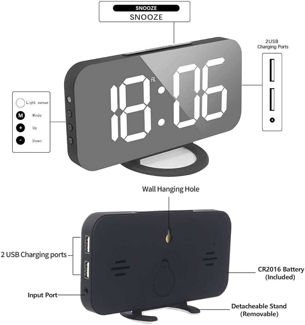Miowachi Digital Alarm Clock,Large Mirrored LED Clock,Snooze,Dim Night Light 2 USB Charger Ports Desk Alarm Clocks for Bedroom Decor (Black) - Image 7