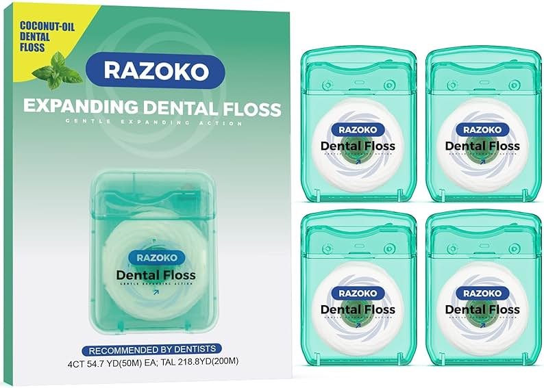 RAZOKO Coconut Oil Expanding Dental Floss - Gentle on Teeth & Gums, Kid-Friendly, Waxed, Light Mint Flavor, PTFE & PFAS Free, 4 Spools (220 Yd Total) - Product Image