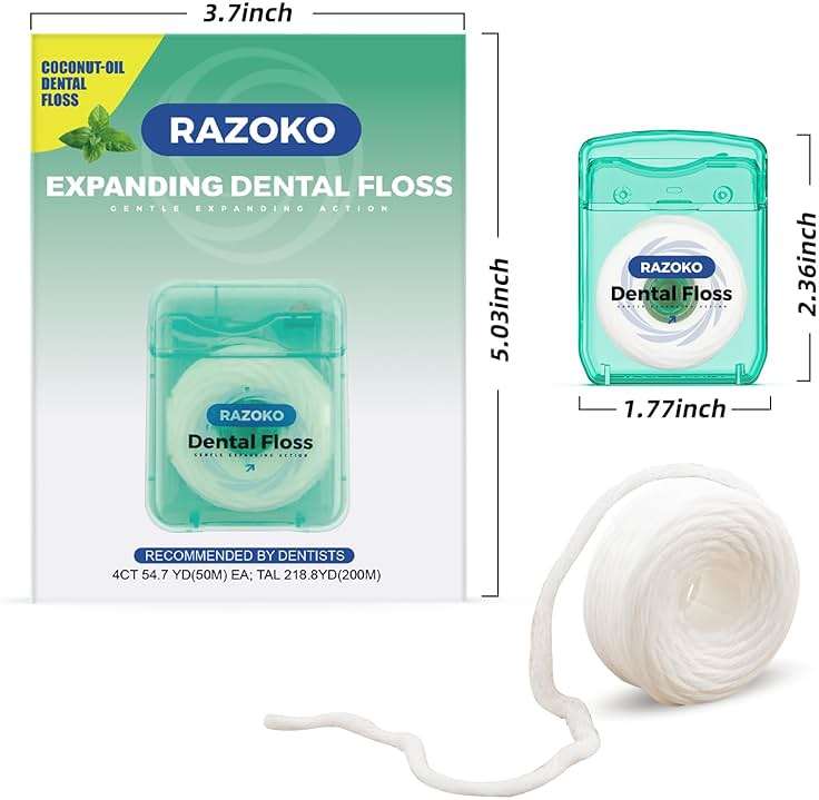RAZOKO Coconut Oil Expanding Dental Floss - Gentle on Teeth & Gums, Kid-Friendly, Waxed, Light Mint Flavor, PTFE & PFAS Free, 4 Spools (220 Yd Total) - Image 2