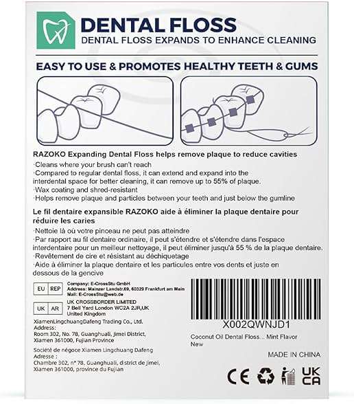 RAZOKO Coconut Oil Expanding Dental Floss - Gentle on Teeth & Gums, Kid-Friendly, Waxed, Light Mint Flavor, PTFE & PFAS Free, 4 Spools (220 Yd Total) - Image 7