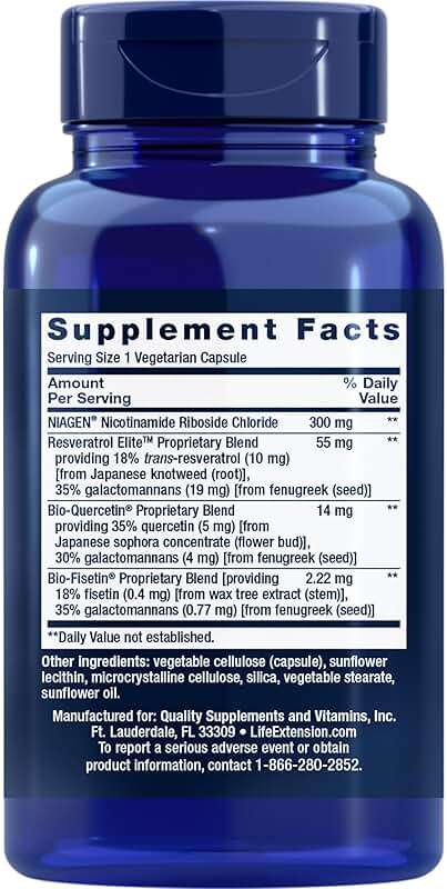 Life Extension NAD+ Cell Regenerator™ and Resveratrol Elite™*, nicotinamide riboside, Trans-resveratrol, quercetin, Fisetin, Heart Health, Healthy Aging, Vegetarian, Non-GMO, Gluten Free, 30 Capsules - Image 2