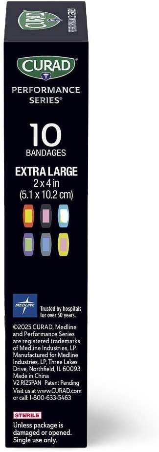 CURAD Performance Series IRONMAN Antibacterial Bandages, Extreme Hold Adhesive Technology, Extra Large Flexible Fabric Bandages for Cuts, Scrapes, & Burns, Assorted Colors, 2 x 4 inches, Pack of 3 - Image 4