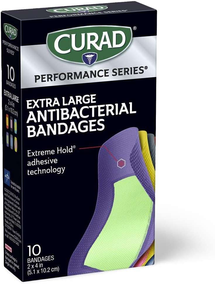 CURAD Performance Series IRONMAN Antibacterial Bandages, Extreme Hold Adhesive Technology, Extra Large Flexible Fabric Bandages for Cuts, Scrapes, & Burns, Assorted Colors, 2 x 4 inches, Pack of 3 - Image 6