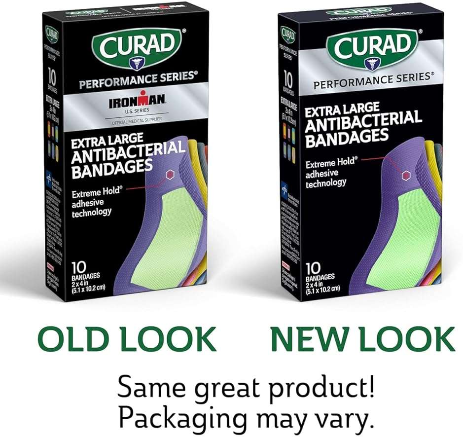 CURAD Performance Series IRONMAN Antibacterial Bandages, Extreme Hold Adhesive Technology, Extra Large Flexible Fabric Bandages for Cuts, Scrapes, & Burns, Assorted Colors, 2 x 4 inches, Pack of 3 - Image 9