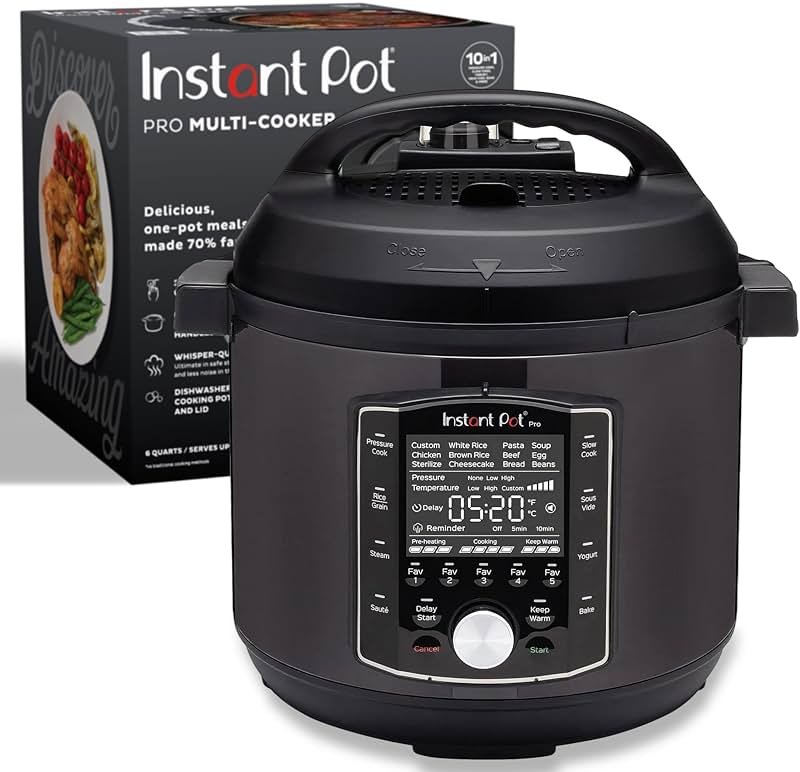 Instant Pot Pro 10-in-1 Pressure Cooker, Slow Cooker, Rice/Grain Cooker, Steamer, Sauté, Sous Vide, Yogurt Maker, Sterilizer, and Warmer, Includes App With Over 800 Recipes, Black, 6 Quart - Product Image