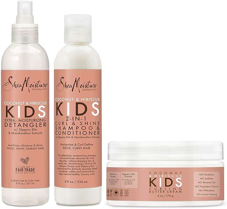 SheaMoisture Kids Extra Moisturizing Detangler, 2-In-1 Curl & Shine Coconut Hibiscus Shampoo & Conditioner, and Curling Butter Cream for Curly Hair 3 Count - Image 1
