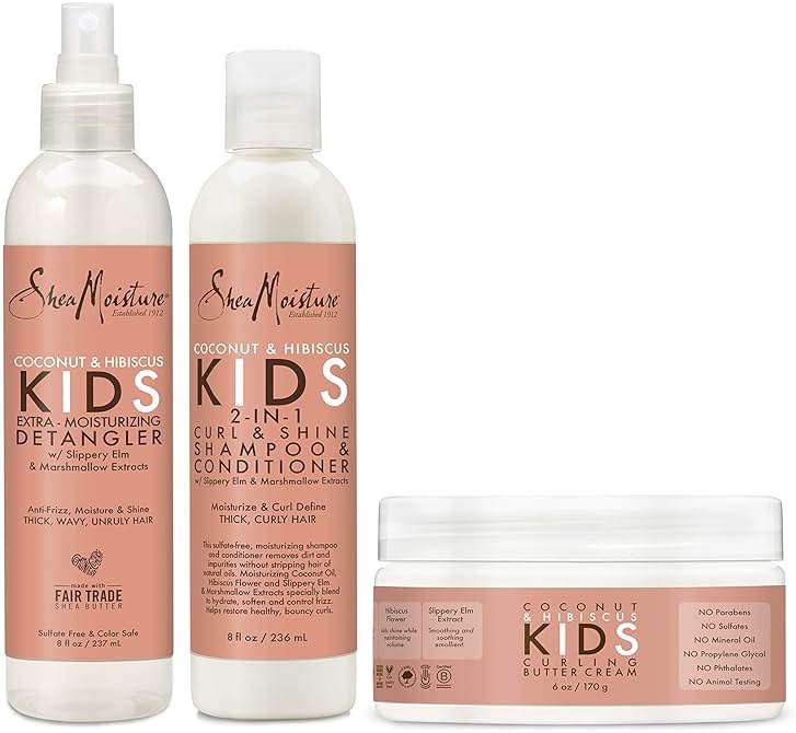 SheaMoisture Kids Extra Moisturizing Detangler, 2-In-1 Curl & Shine Coconut Hibiscus Shampoo & Conditioner, and Curling Butter Cream for Curly Hair 3 Count - Product Image