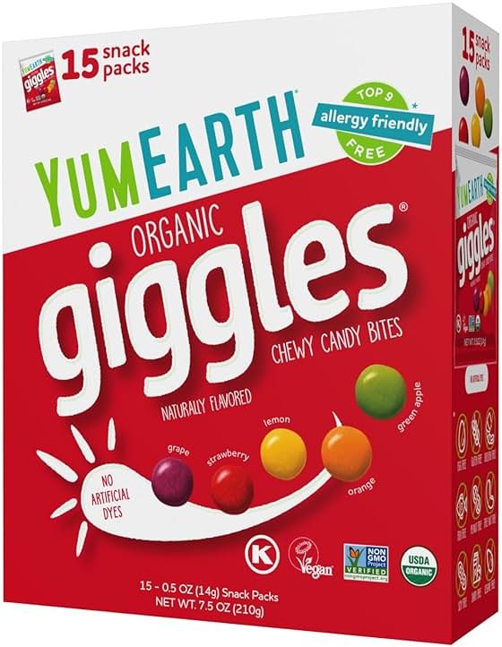 YumEarth Organic Giggles Chewy Candy – Allergy Friendly, No Artificial Dyes, Non GMO, Gluten Free, Fruit Flavored, Vegan Candy Snacks 0.5 oz (Box of 15) - Product Image