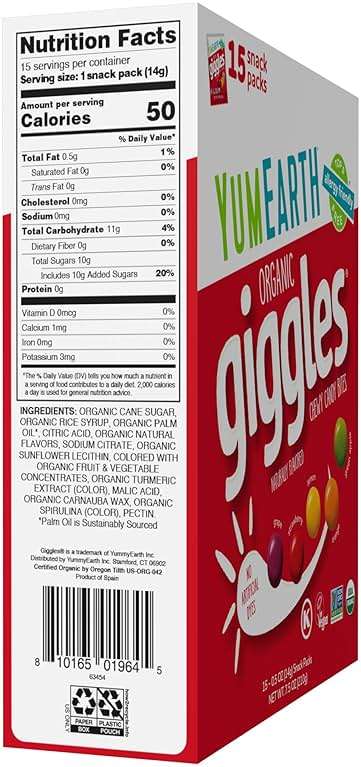 YumEarth Organic Giggles Chewy Candy – Allergy Friendly, No Artificial Dyes, Non GMO, Gluten Free, Fruit Flavored, Vegan Candy Snacks 0.5 oz (Box of 15) - Image 2